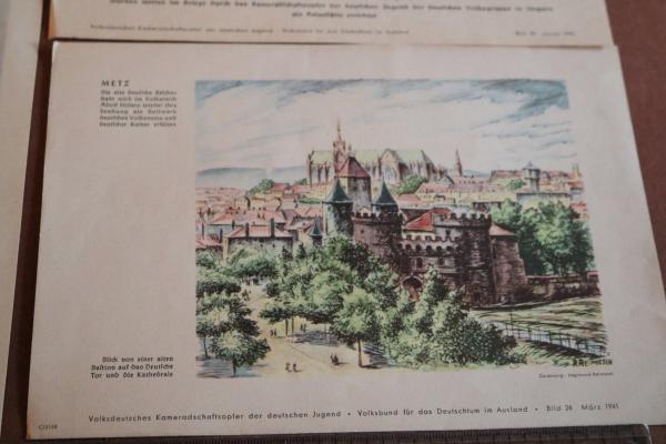 drei Farbdrucke - Metz, Budapest und Straßburg - Volksdeutsches Kameradschaftsopfer der deutschen Jugend 1940/41